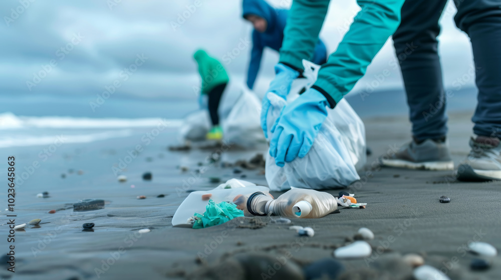 Volunteers collect plastic waste from the beach to promote environmental conservation and community clean-up efforts