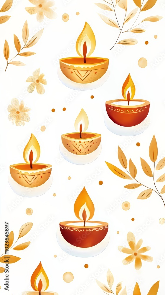 A vibrant illustration of Diwali oil lamps with floral and leaf patterns on a white background, perfect for festive and decorative themes. A vibrant illustration of Diwali oil lamps with floral and leaf patterns on a white background, perfect for festive and decorative themes.