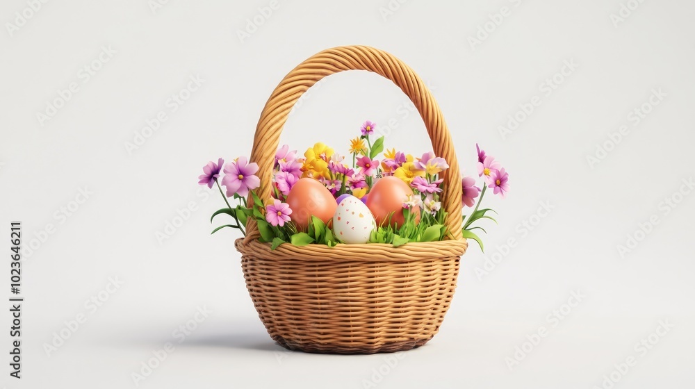 A wicker basket filled with colorful Easter eggs and flowers on a white background. A wicker basket filled with colorful Easter eggs and flowers on a white background.