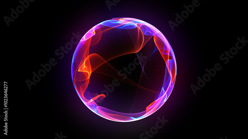 Bright neon 3d sphere in the space. Glowing particle 3d energy orb. Abstract technology, science, neural networks, and artificial intelligence. Virtual assistant concept.