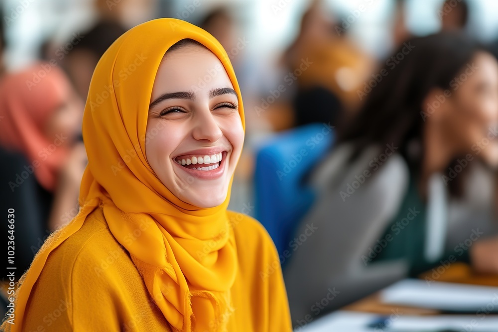 Diverse colleagues laughing and engaging in a corporate meeting in a bright office environment Diverse colleagues laughing and engaging in a corporate meeting in a bright office environment