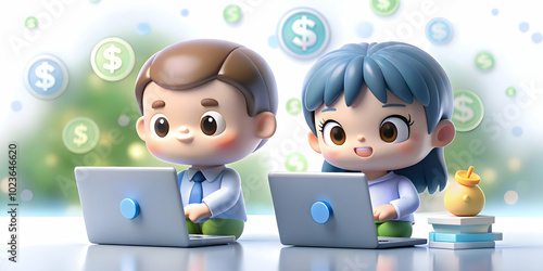 Kids Financial Education Online: Two Knowledgeable Children Teach Financial Concepts with Abstract Bokeh Background, Highlighting Their Educational Roles in a Creative Stock Photo