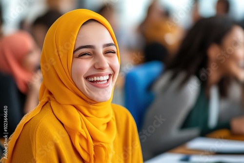 Diverse colleagues laughing and engaging in a corporate meeting in a bright office environment