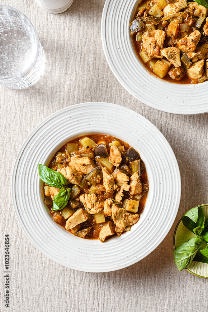 vegetable stew with chicken, sweet potato, eggplant and zucchini vegetable stew with chicken, sweet potato, eggplant and zucchini
