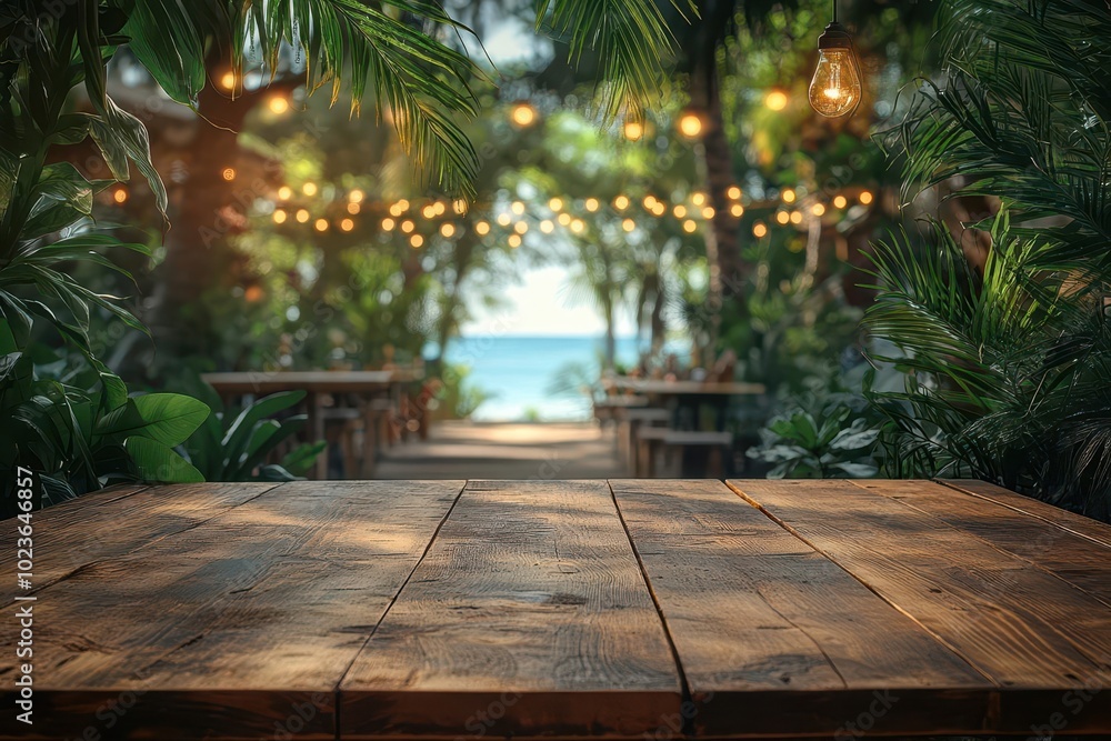 Stylish wooden table set in a cozy beach café with softly blurred bokeh lights in the background, capturing a sunny, inviting atmosphere perfect for relaxation and leisure.
Stylish wooden table set in a cozy beach café with softly blurred bokeh lights in the background, capturing a sunny, inviting atmosphere perfect for relaxation and leisure.