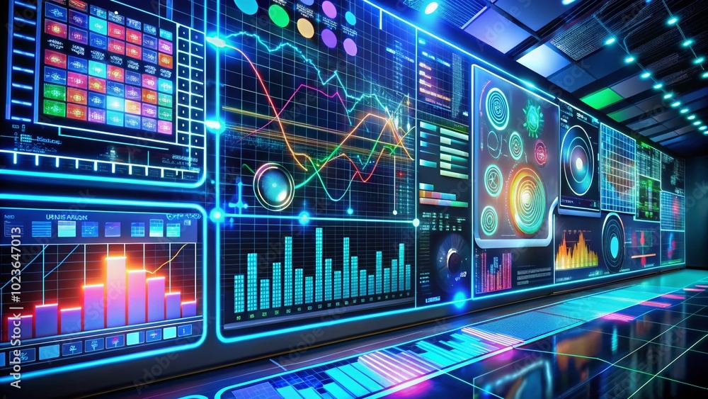Obraz premium A futuristic dashboard displays a flow of binary code, colorful charts, and graphs, surrounded by wires and circuit boards, evoking a sense of modern technology.