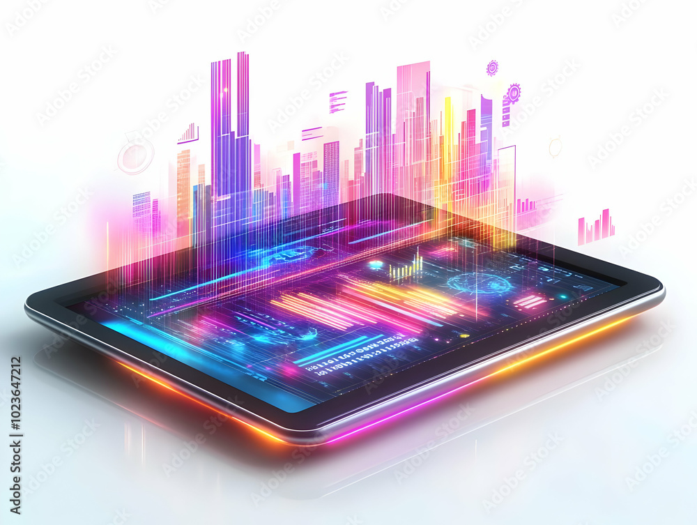 Flat Holographic Tablet with Glowing Business Report Interface in Futuristic Office - Clean Vector Illustration of Smart Business Concept with Dynamic Data Symbols Flat Holographic Tablet with Glowing Business Report Interface in Futuristic Office - Clean Vector Illustration of Smart Business Concept with Dynamic Data Symbols