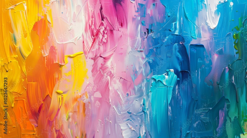 A colorful painting with a lot of brush strokes and splatters of paint. The colors are bright and vibrant