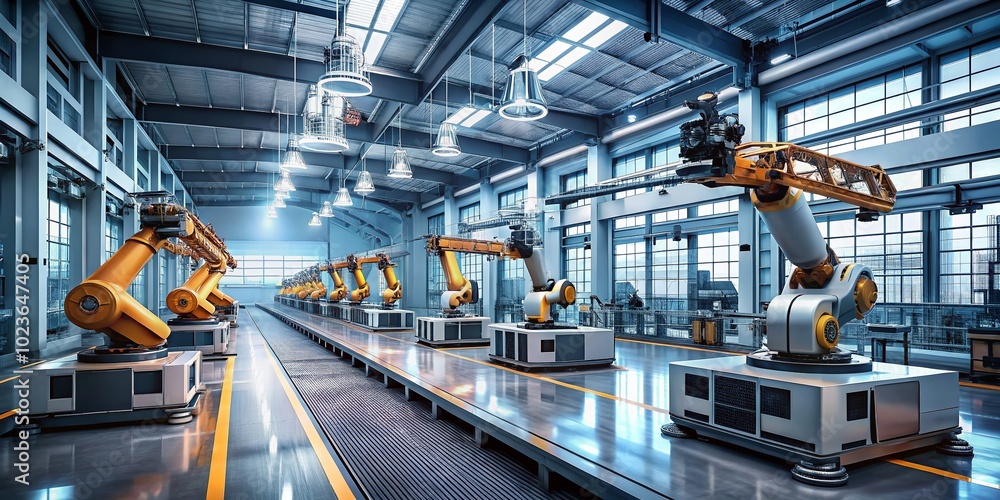 A futuristic factory floor with robots and machinery, overseen by a sleek control room, symbolizing efficient industrial management and advanced manufacturing processes. A futuristic factory floor with robots and machinery, overseen by a sleek control room, symbolizing efficient industrial management and advanced manufacturing processes.