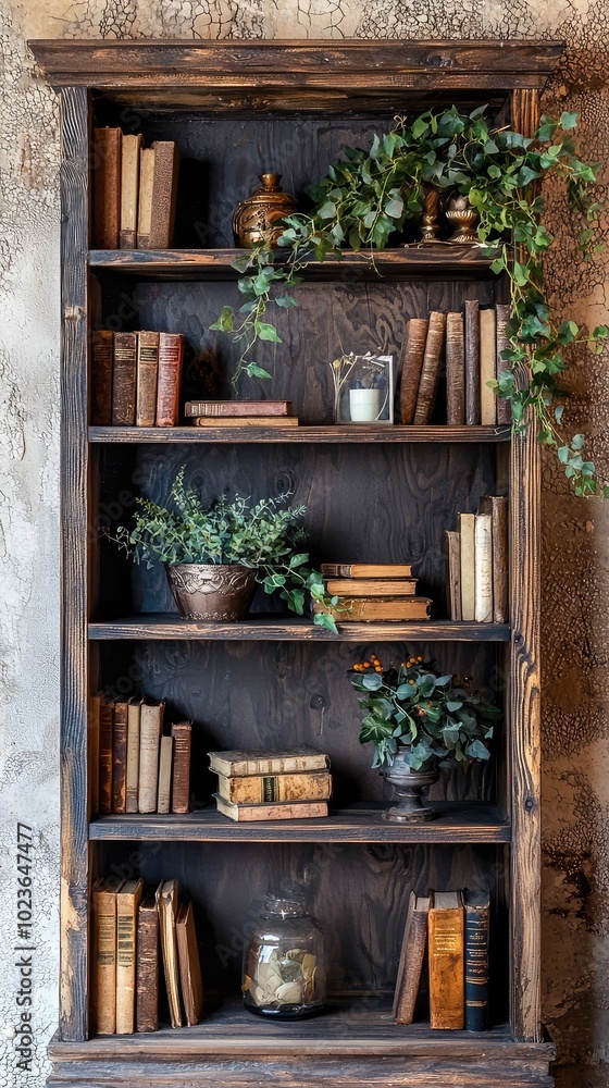 Rustic Wooden Shelving Unit with Books and Plants Rustic Wooden Shelving Unit with Books and Plants