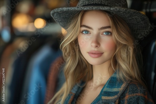 stylish young woman wearing a chic hat explores clothing racks in a boutique embodying a sense of fashion and leisurely shopping experience