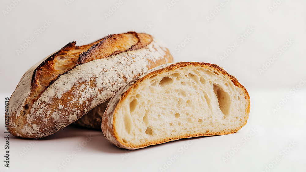 A photo of hot, freshly sliced bread, showing its crispy exterior and soft interior against a bright white background. A photo of hot, freshly sliced bread, showing its crispy exterior and soft interior against a bright white background.