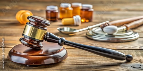 A gavel rests on a worn wooden desk amidst scattered prescription pill bottles, court documents, and a stethoscope, symbolizing the opioid crisis and legal battles.