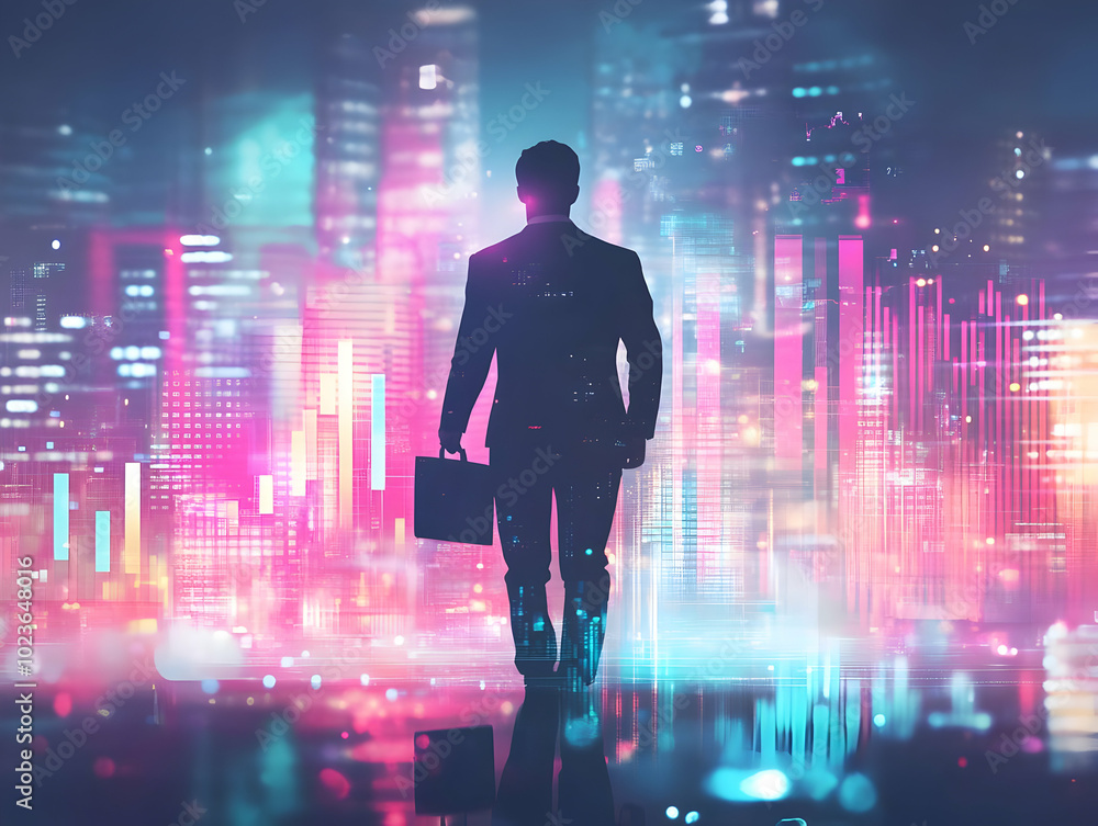 Flat Bokeh Digital Art of Business Growth: Businessperson with Briefcase and Glowing Holographic Charts Representing Financial Success in a Simple Vector Illustration Flat Bokeh Digital Art of Business Growth: Businessperson with Briefcase and Glowing Holographic Charts Representing Financial Success in a Simple Vector Illustration