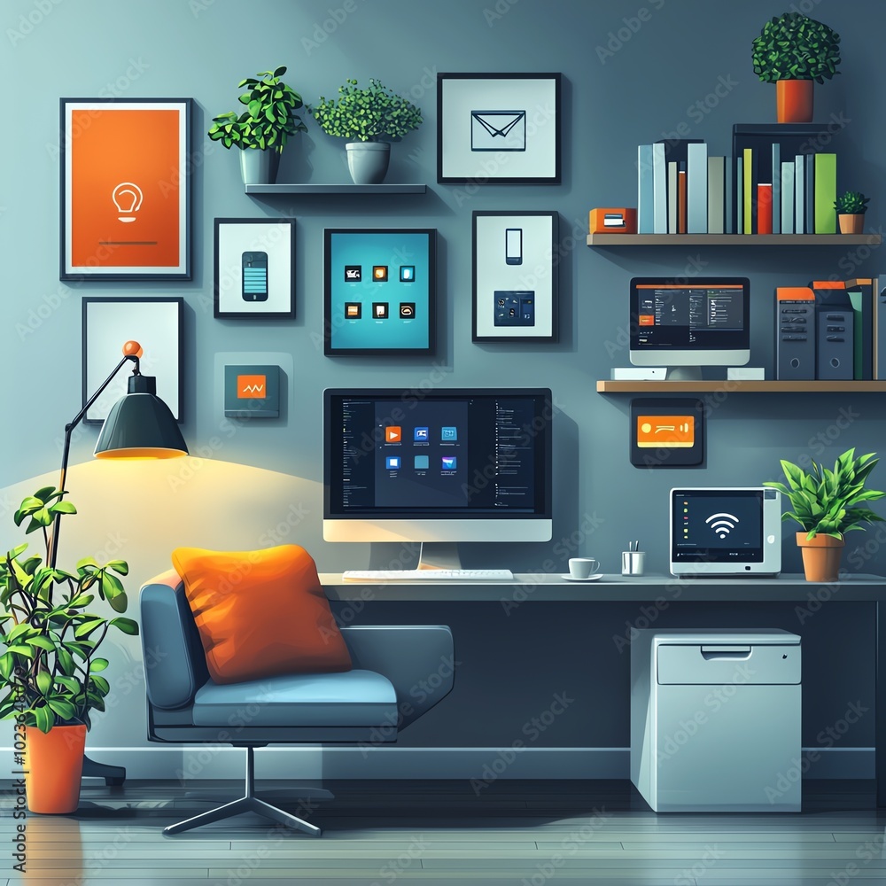 Fototapeta premium A modern home office featuring innovative technology, stylish decor, and vibrant greenery, creating an inspiring workspace.