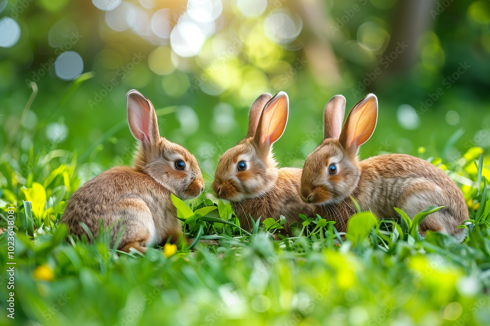 Three cute bunnies in the garden. Three cute bunnies in the garden.