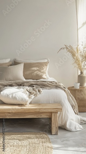 Serene Bedroom with Wooden Bed Frame and Soft Textiles