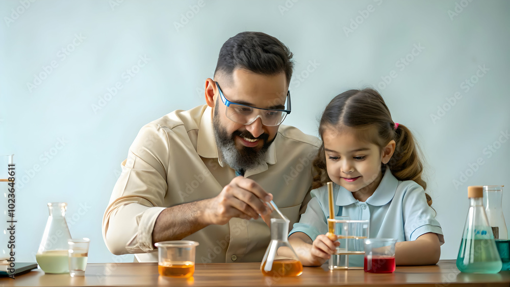 Uncle and Niece Conducting a Science Experiment on Plain Background with Copy Space for Advertising - Exciting Photo Stock Concept Uncle and Niece Conducting a Science Experiment on Plain Background with Copy Space for Advertising - Exciting Photo Stock Concept