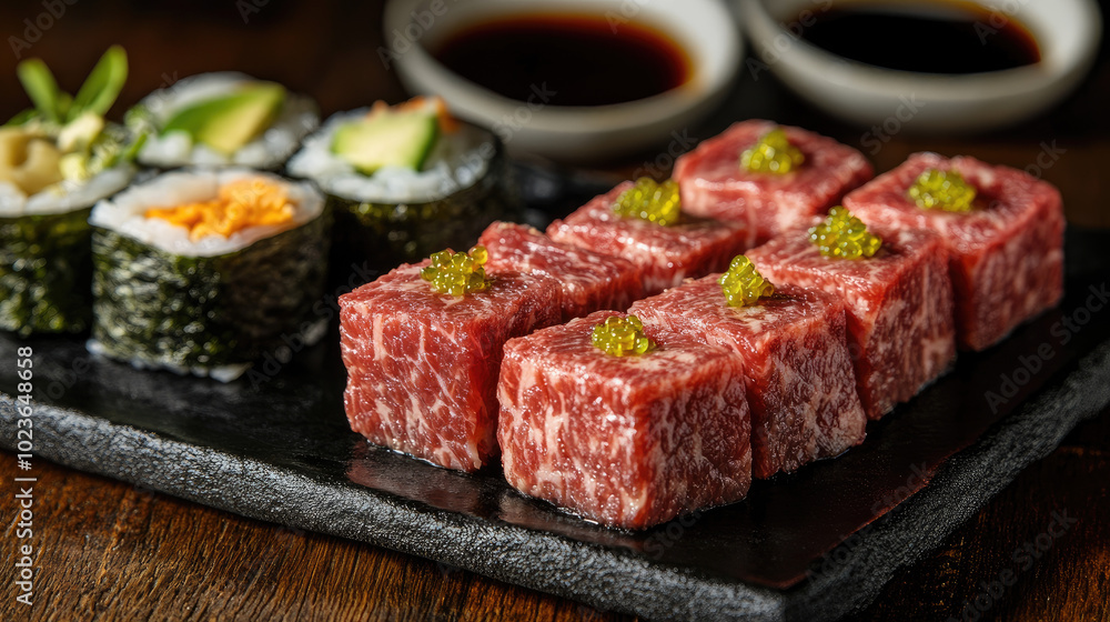 Kuroge Wagyu beef cubes plated alongside sushi rolls, showcasing a fusion of Japanese flavors with a side of soy sauce and wasabi for dipping. Kuroge Wagyu beef cubes plated alongside sushi rolls, showcasing a fusion of Japanese flavors with a side of soy sauce and wasabi for dipping.