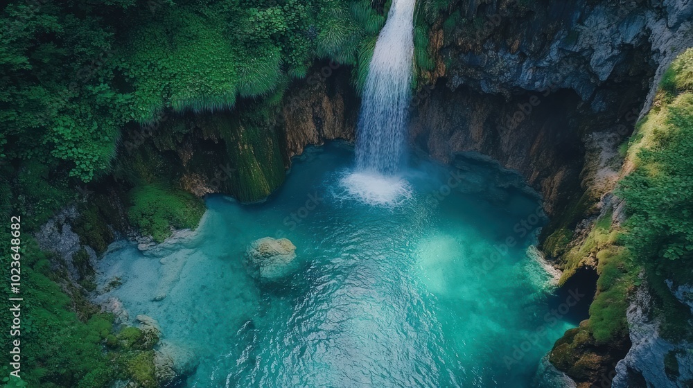 Aerial View of a Waterfall Flowing into a Turquoise Pool Surrounded by Lush Greenery Aerial View of a Waterfall Flowing into a Turquoise Pool Surrounded by Lush Greenery