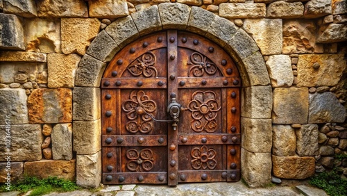 A heavily fortified, ancient stone vault door with intricate carvings and rusty iron hinges lies securely closed, exuding mystery and safeguarding hidden treasures.