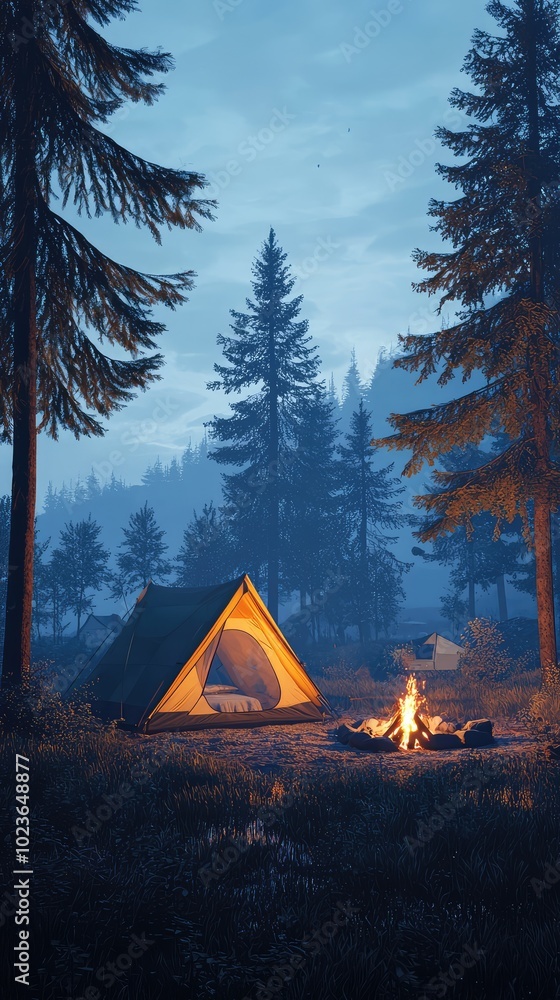 Serene Camping Scene at Twilight with Cozy Firelight Serene Camping Scene at Twilight with Cozy Firelight