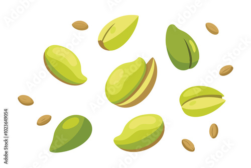 Isolated Falling Pistachio Nuts Flat Vector Illustration Set on White Background.