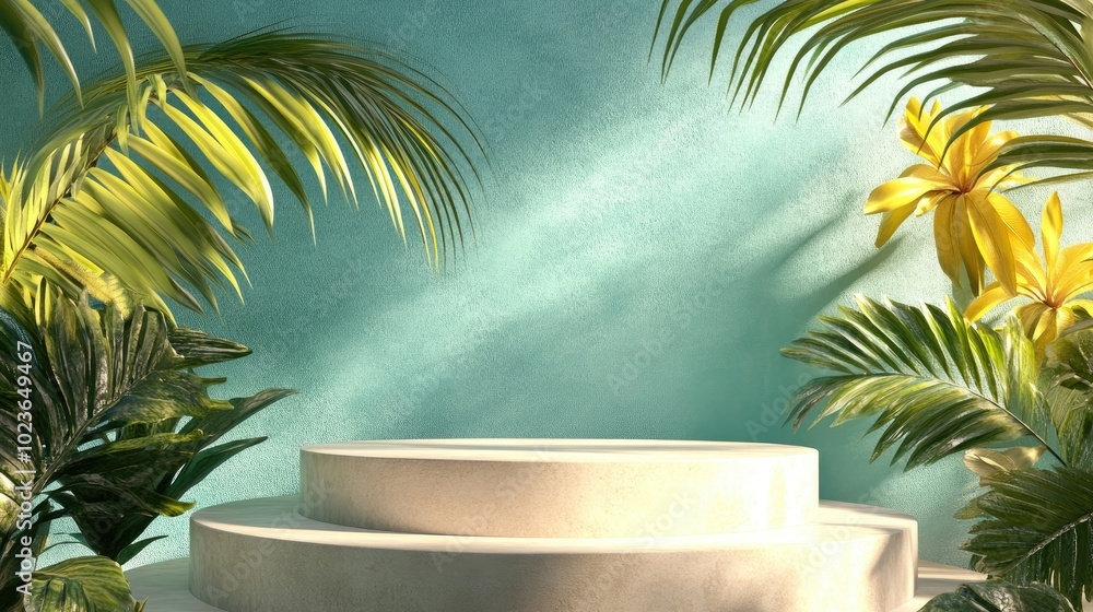 3D podium featuring blank space for product display against a tropical abstract backdrop Summer and vacation theme Graphic art design 3D podium featuring blank space for product display against a tropical abstract backdrop Summer and vacation theme Graphic art design