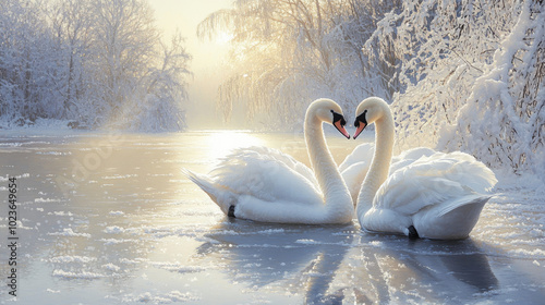 Fototapeta Naklejka Na Ścianę i Meble -  Mute swans standing on the icy surface of a frozen lake, their white feathers blending with the snow-covered surroundings, creating a peaceful winter scene.