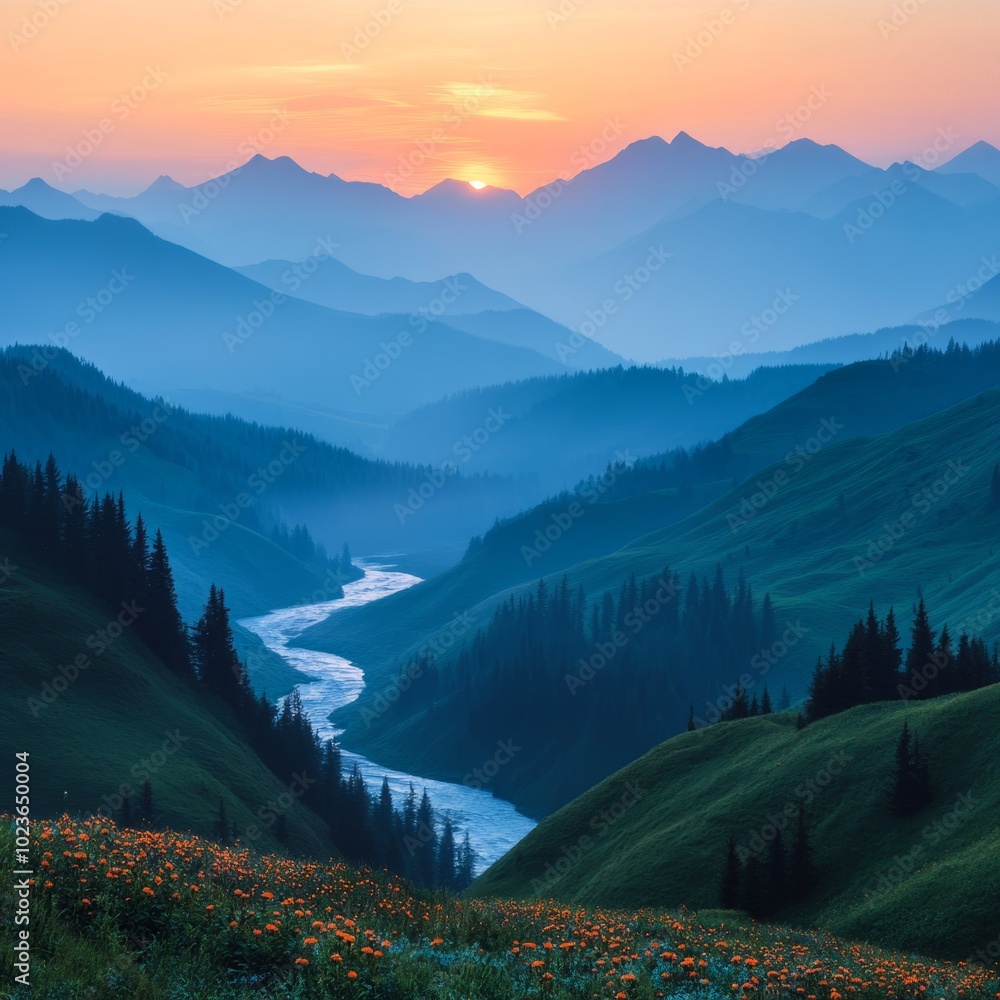 Sun shining through fog on valley with river flowing through mountains Sun shining through fog on valley with river flowing through mountains