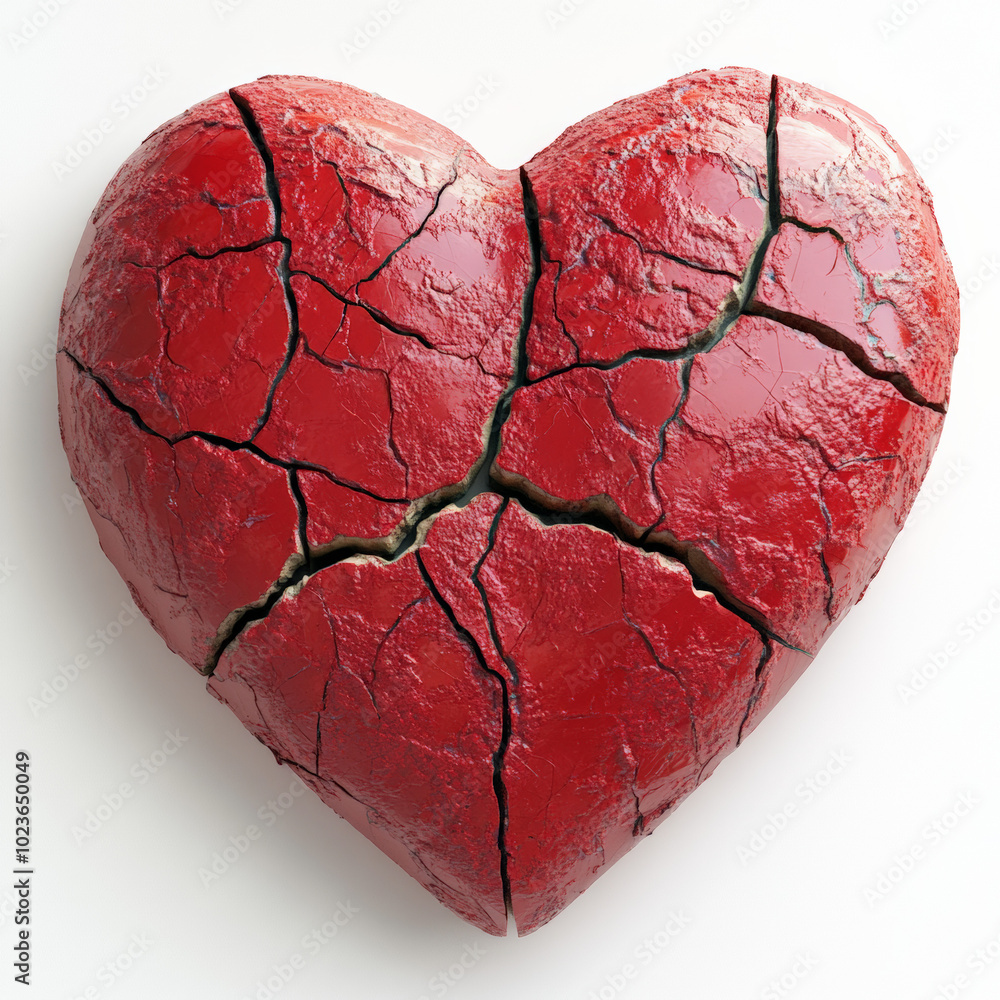 Stylized heart, crack in center, soft red, white background Stylized heart, crack in center, soft red, white background