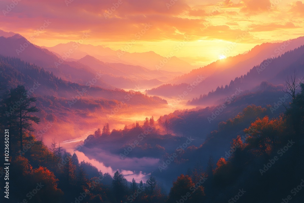 Fototapeta premium Golden light bathing foggy mountain valley at sunrise