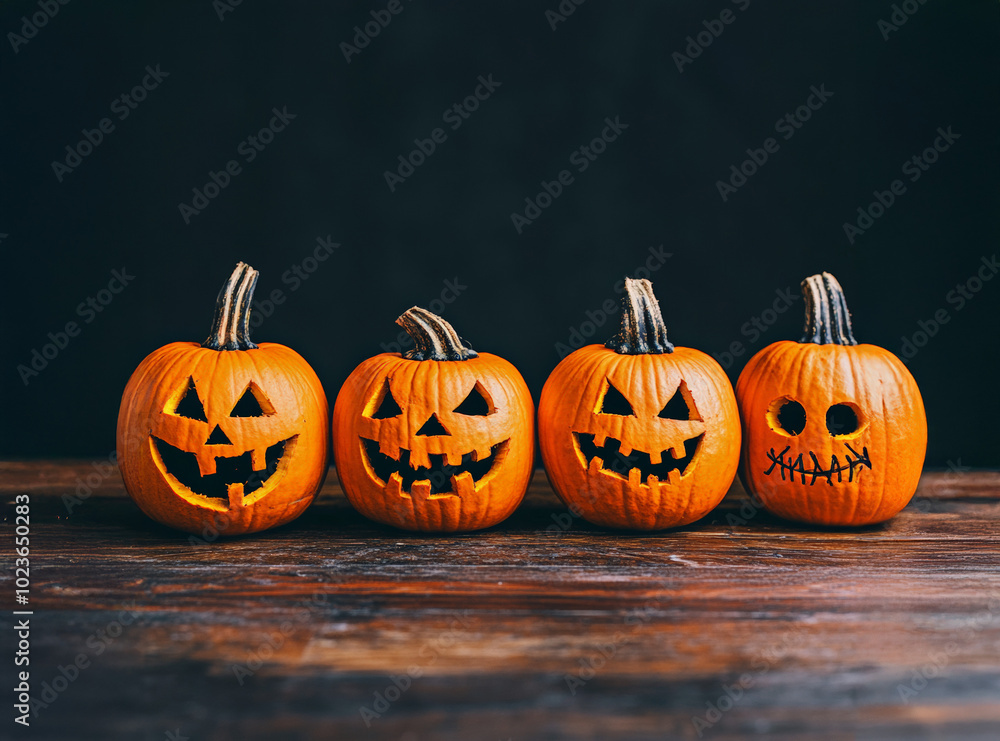 Style graphic, 4 pumpkins in a row with different creepy expressions on face, eye level shot Style graphic, 4 pumpkins in a row with different creepy expressions on face, eye level shot