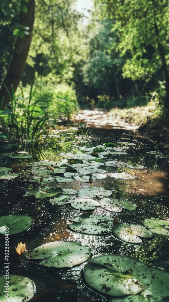 Serene Pond Scene with Lily Pads and Frog Serene Pond Scene with Lily Pads and Frog