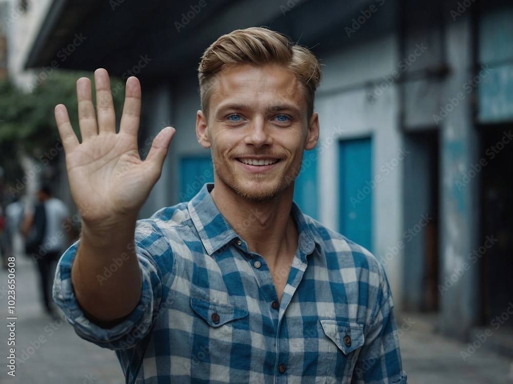 A young man with blue eyes waves hello on a city street wearing a checkered shirt during a sunny afternoon. A young man with blue eyes waves hello on a city street wearing a checkered shirt during a sunny afternoon.