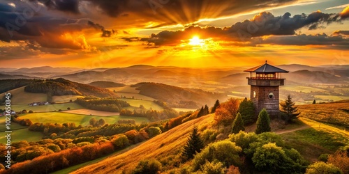 Amber Defense Horizon: Warm amber sunset over rolling hills, defensive watchtowers, vigilant outlook