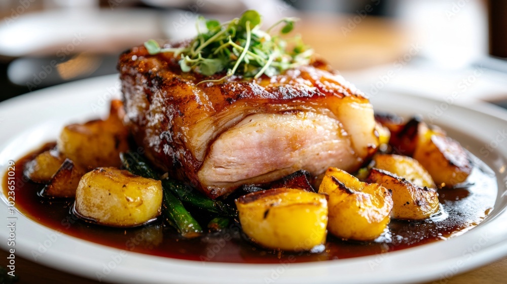 Delicious roast meat with vegetables and sauce Delicious roast meat with vegetables and sauce