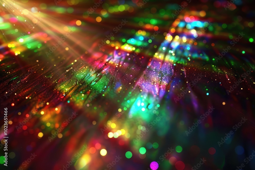 Obraz premium Sun flares create rainbow light effect on black background.