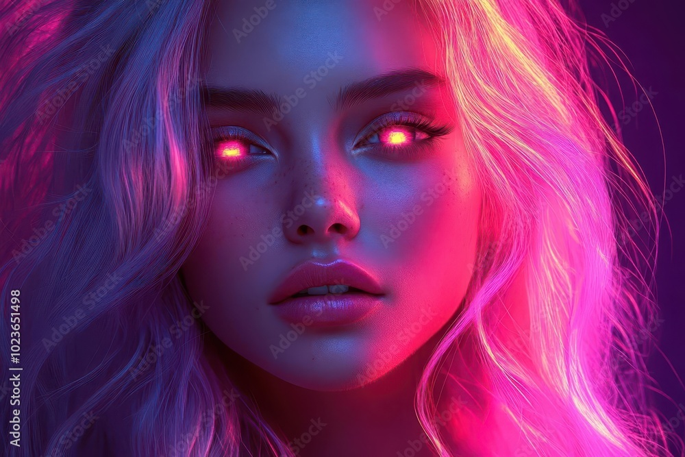 Obraz premium stylized neon portrait of club girl with vibrant hair electric colors pop against dark background cyberpunk aesthetic with glowing lines defining features futuristic and edgy illustration style