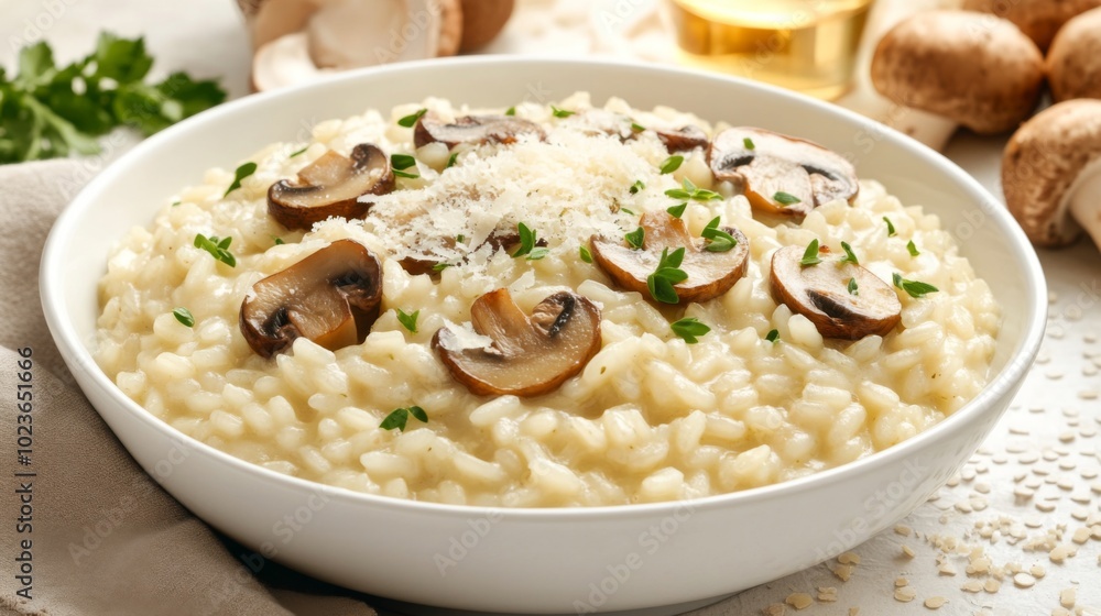 Creamy Mushroom Risotto with Fresh Parsley Garnish Creamy Mushroom Risotto with Fresh Parsley Garnish