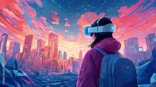 A person explores a futuristic city through virtual reality, surrounded by vibrant colors and a stunning skyline at sunset.