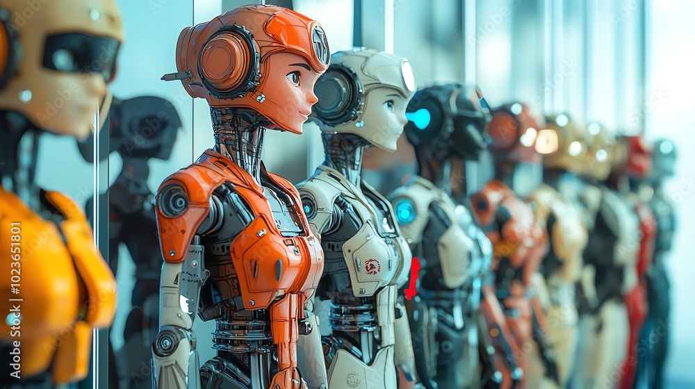 A stunning display of futuristic robots showcasing advanced designs and technology in a modern environment. A stunning display of futuristic robots showcasing advanced designs and technology in a modern environment.