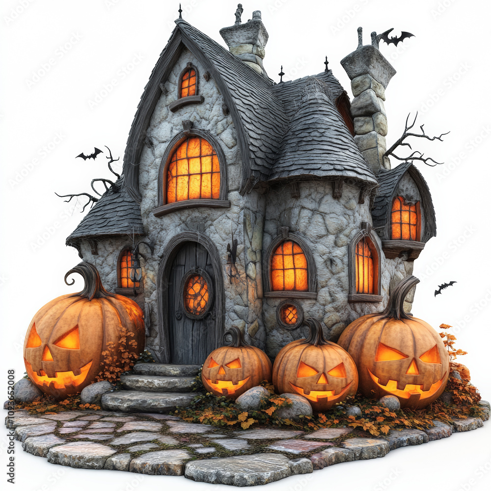 Halloween haunted house with carved pumpkins on the perimeter, stone base, bright colors, 3D Halloween haunted house with carved pumpkins on the perimeter, stone base, bright colors, 3D