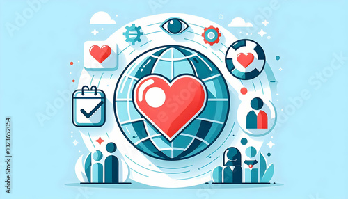 Flat Isolated Globe with Heart Center for Global Love, Unity, and Human Rights - Ideal Vector for Infographics on Human Rights Day