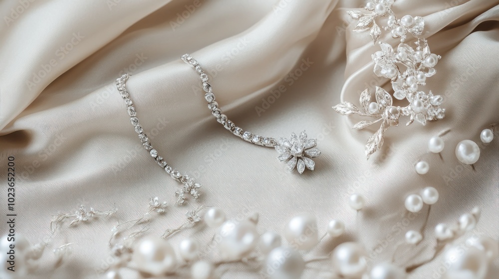 Silver Jewelry and Pearls on a Creamy Fabric Background Silver Jewelry and Pearls on a Creamy Fabric Background