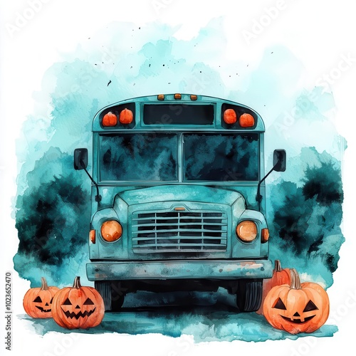 Vintage blue school bus with pumpkins in a misty autumn setting.