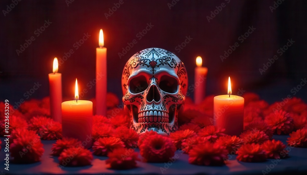 Skull with Candles and Marigold Flowers for Day of the Dead Altar Skull with Candles and Marigold Flowers for Day of the Dead Altar