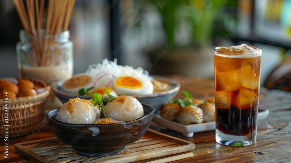 Exotic Vietnamese Delights A Vibrant Spread of Banh It Tran Che Bap and Iced Coffee Exotic Vietnamese Delights A Vibrant Spread of Banh It Tran Che Bap and Iced Coffee