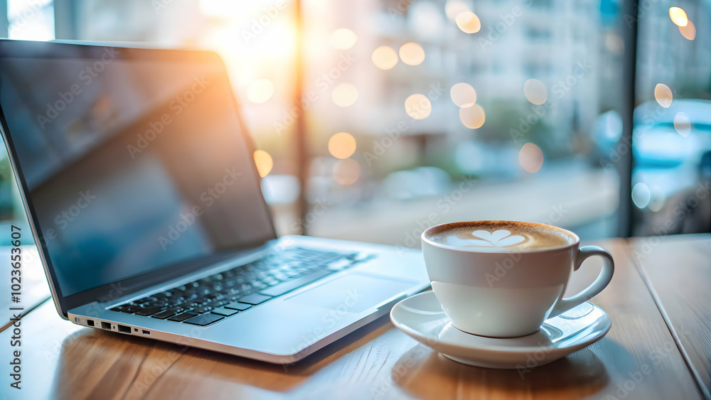Minimalist Photo Stock Concept: Plain Background with Sleek Laptop and Coffee Cup, Ample Room for Copy for Remote Work and Digital Lifestyle Promotions Minimalist Photo Stock Concept: Plain Background with Sleek Laptop and Coffee Cup, Ample Room for Copy for Remote Work and Digital Lifestyle Promotions