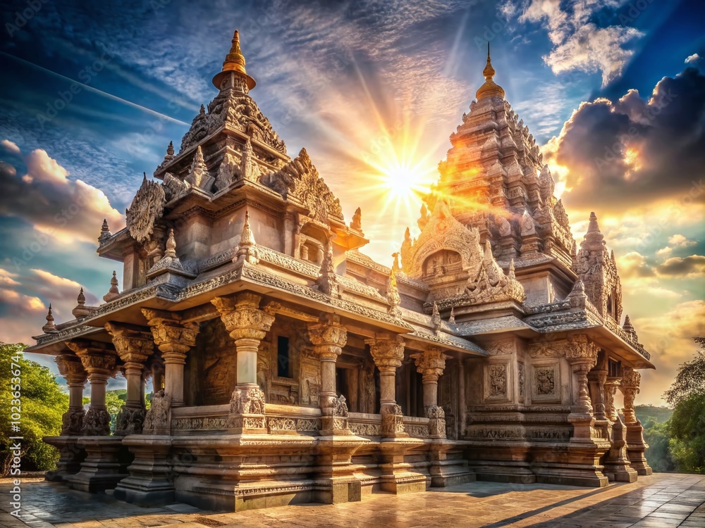 Fototapeta premium Ancient Sunlit Temple: Mystical, Golden, Detailed, Architectural, Sacred